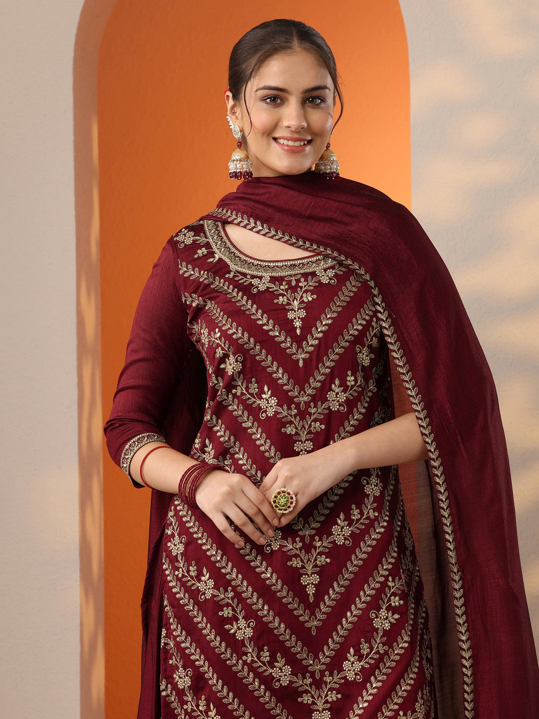 Maroon Embroidered Silk Blend Straight Suit Set With Dupatta