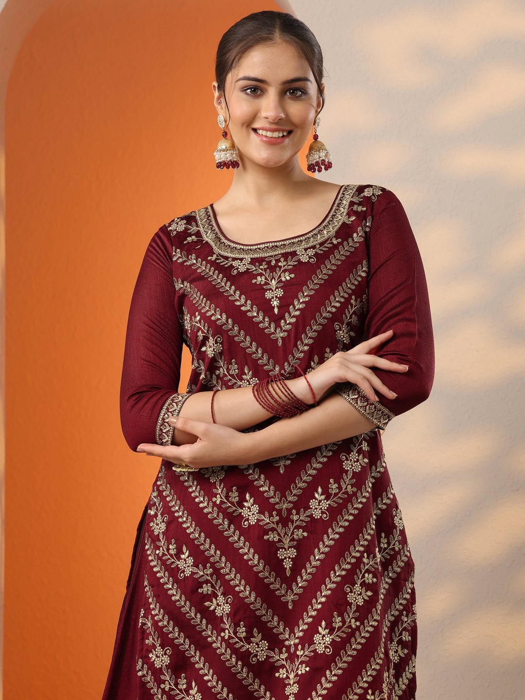 Maroon Embroidered Silk Blend Straight Suit Set With Dupatta