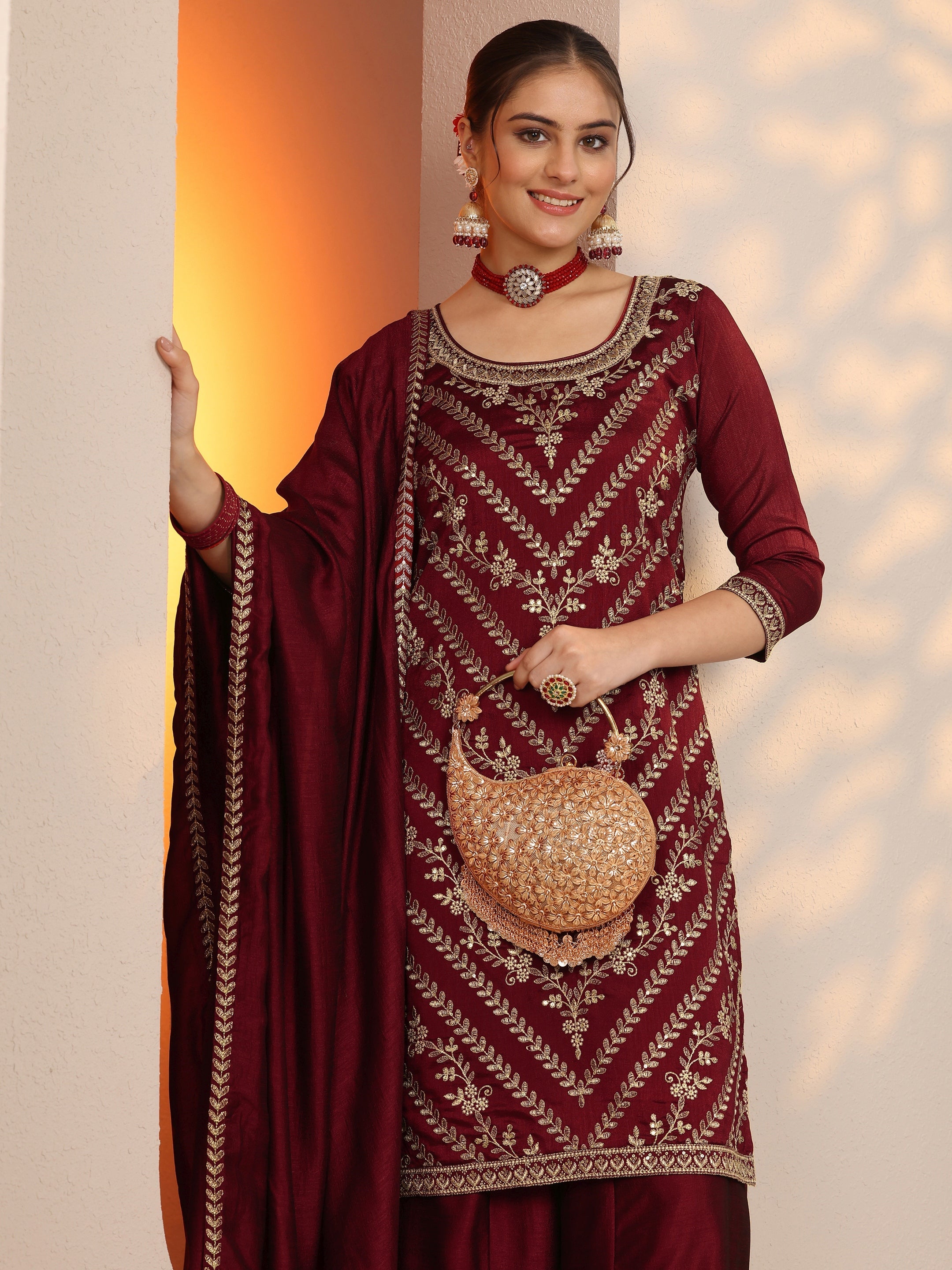 Burgundy Embroidered Silk Blend Straight Suit Sets With Dupatta main image 0