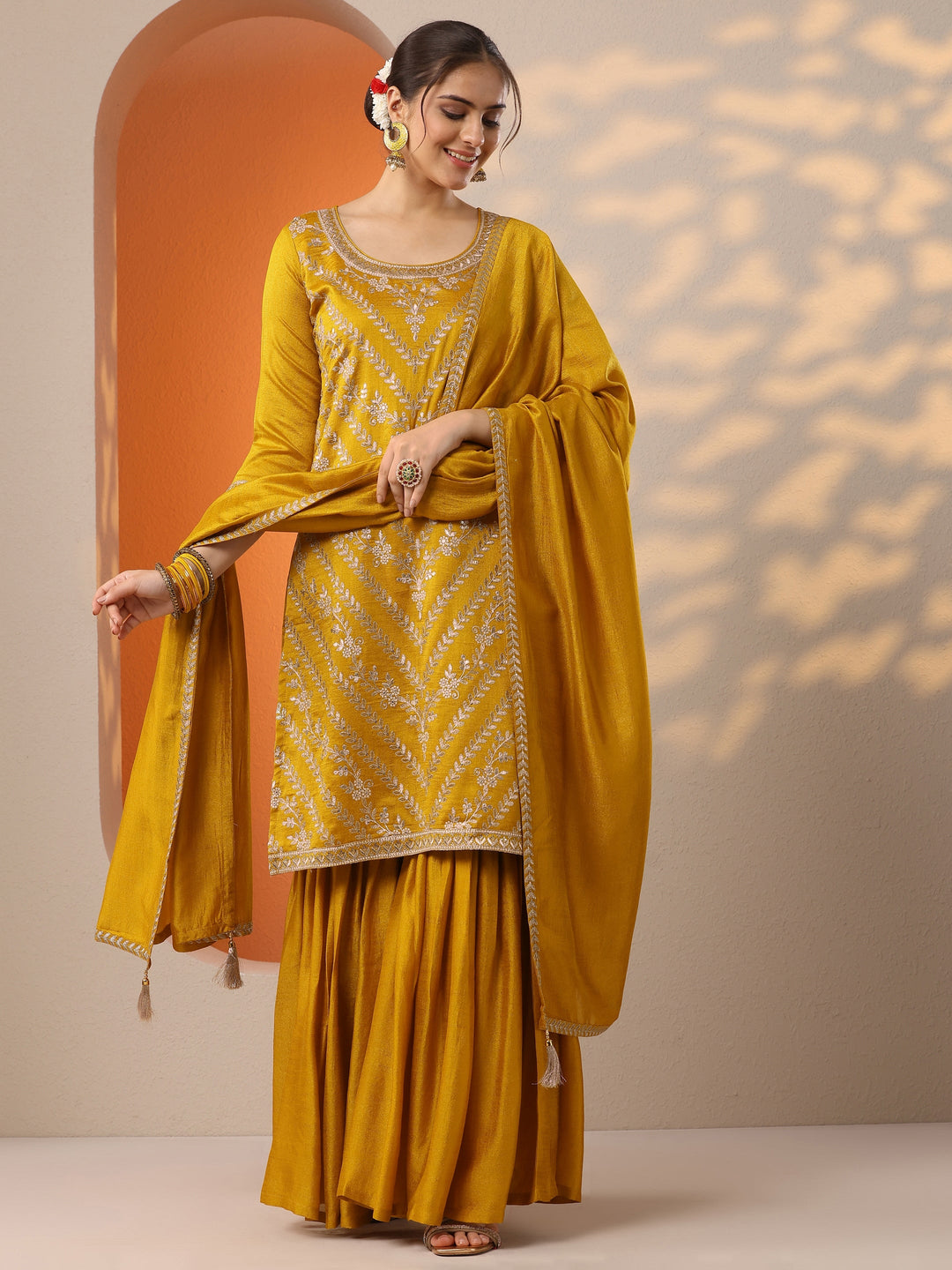 Mustard Embroidered Silk Blend Straight Suit Set With Dupatta