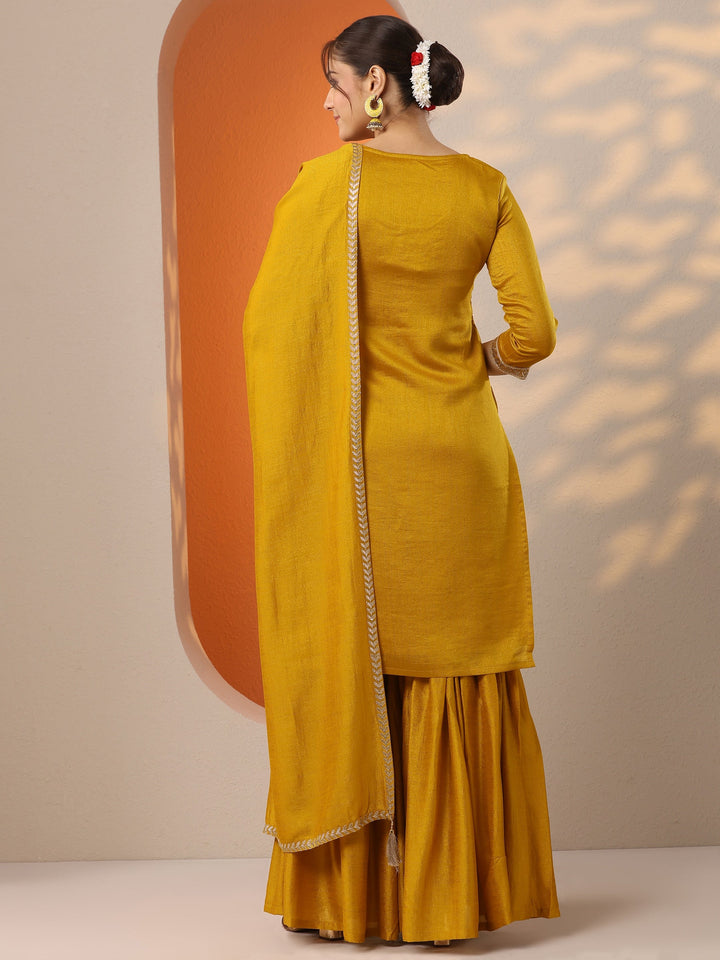 Mustard Embroidered Silk Blend Straight Suit Set With Dupatta