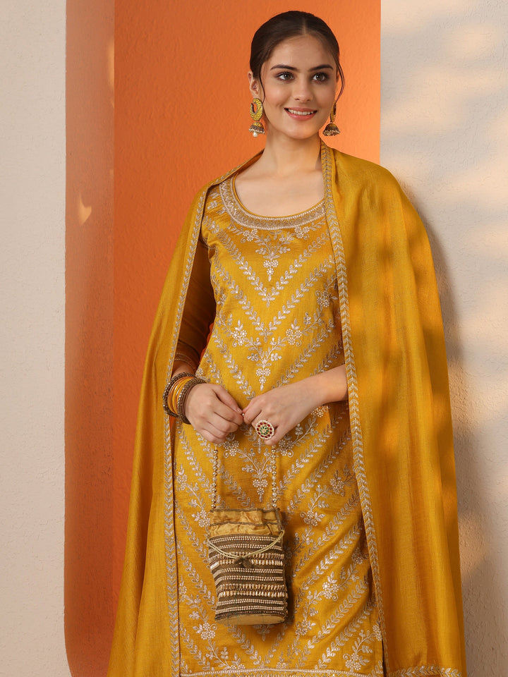 Mustard Embroidered Silk Blend Straight Suit Set With Dupatta