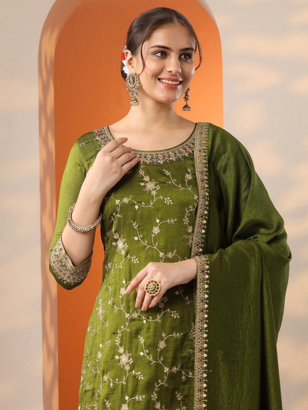 Olive Embroidered Silk Blend Straight Suit Set With Dupatta