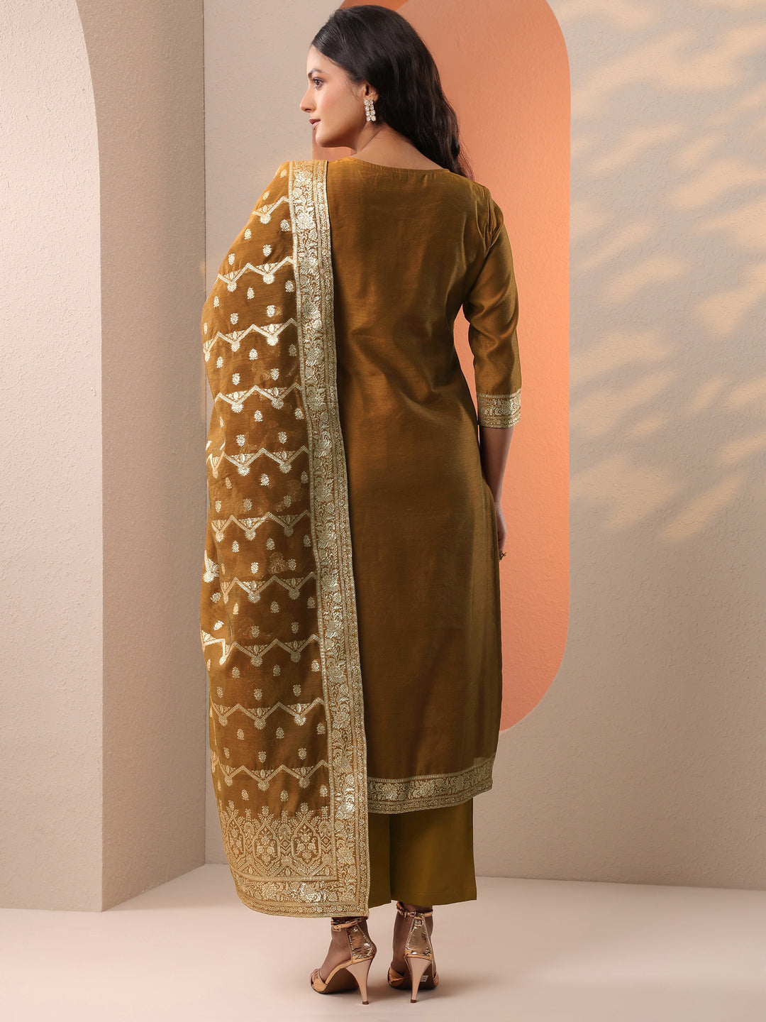 Bronze Woven Design Silk Blend Straight Suit Set With Dupatta
