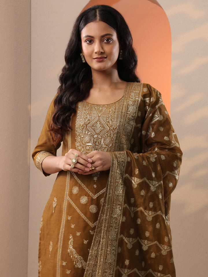 Bronze Woven Design Silk Blend Straight Suit Set With Dupatta