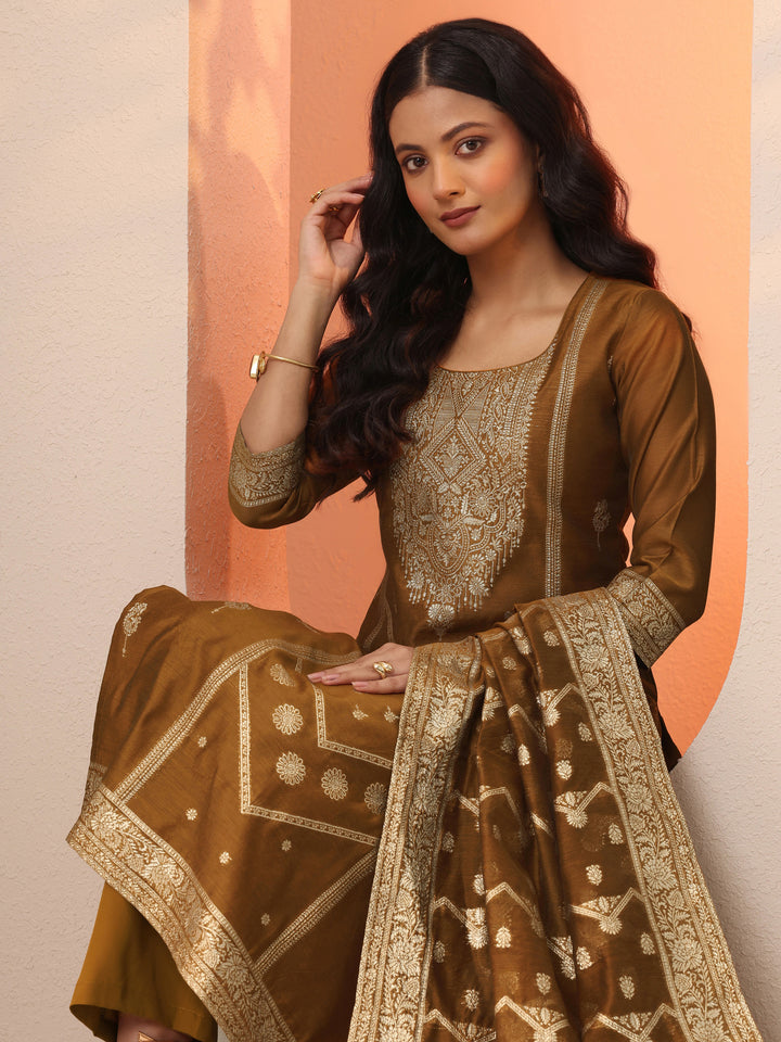 Bronze Woven Design Silk Blend Straight Suit Set With Dupatta