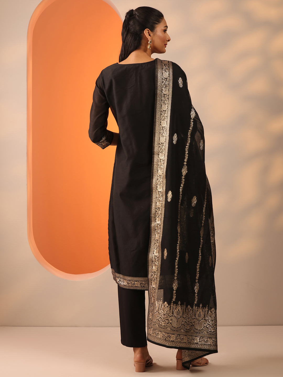 Black Ethnic Motif Silk Blend Straight Suit Set With Dupatta