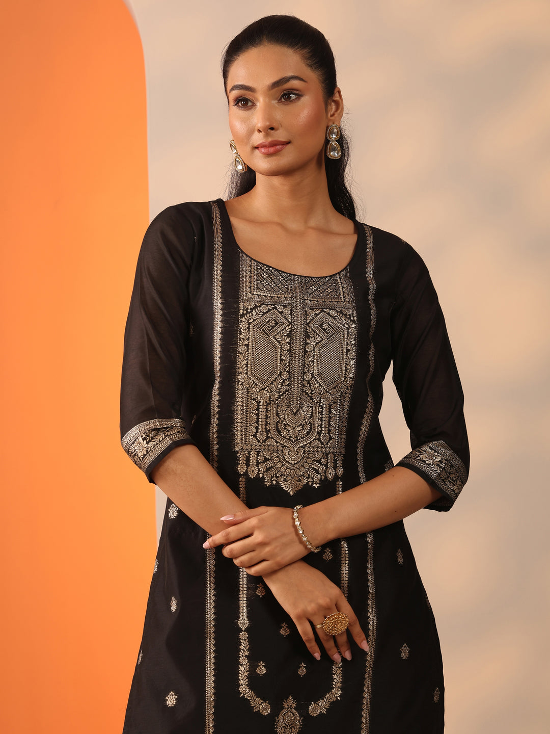 Black Ethnic Motif Silk Blend Straight Suit Set With Dupatta