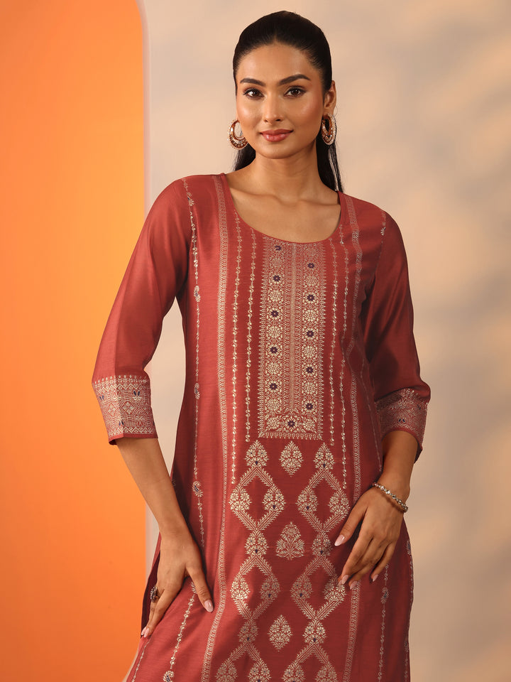 Rust Woven Design Silk Blend Straight Suit Set With Dupatta