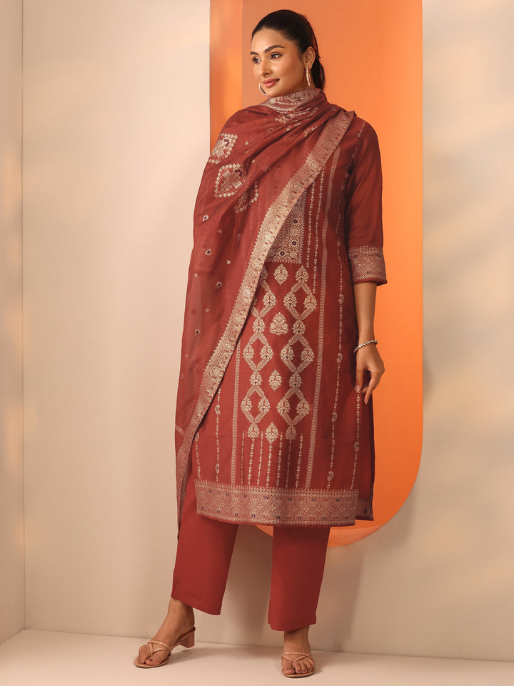 Rust Woven Design Silk Blend Straight Suit Set With Dupatta
