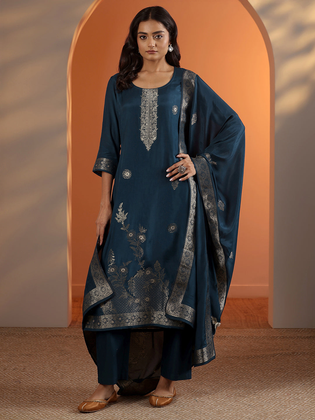 Plus Size Sea Green Woven Design Silk Blend Suit Set main image 0