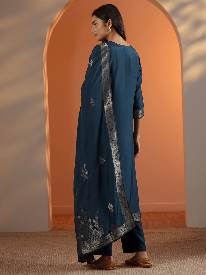 Navy Blue Woven Design Silk Blend Straight Suit Set With Dupatta