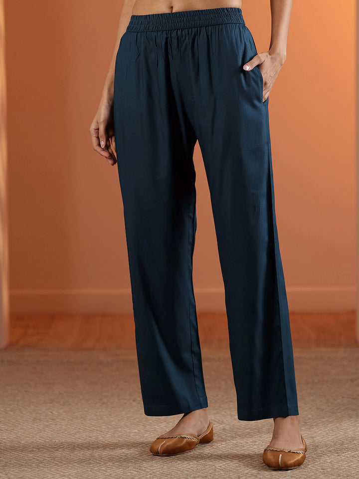 Navy Blue Woven Design Silk Blend Straight Suit Set With Dupatta