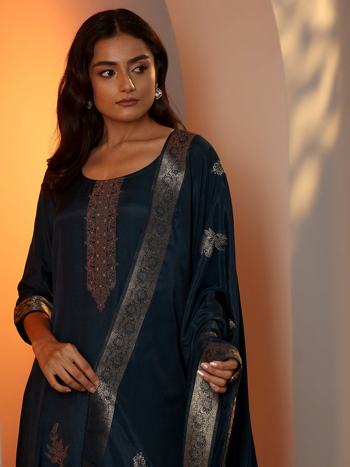 Navy Blue Woven Design Silk Blend Straight Suit Set With Dupatta
