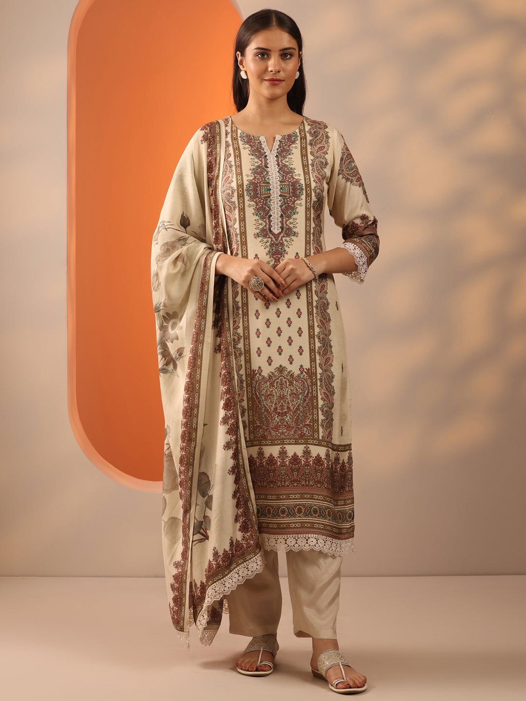 Off White Printed Muslin Straight Suit Set With Dupatta