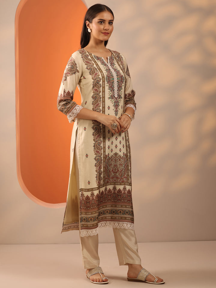 Off White Printed Muslin Straight Suit Set With Dupatta