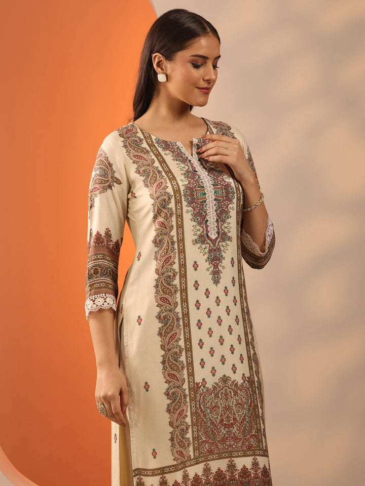 Off White Printed Muslin Straight Suit Set With Dupatta