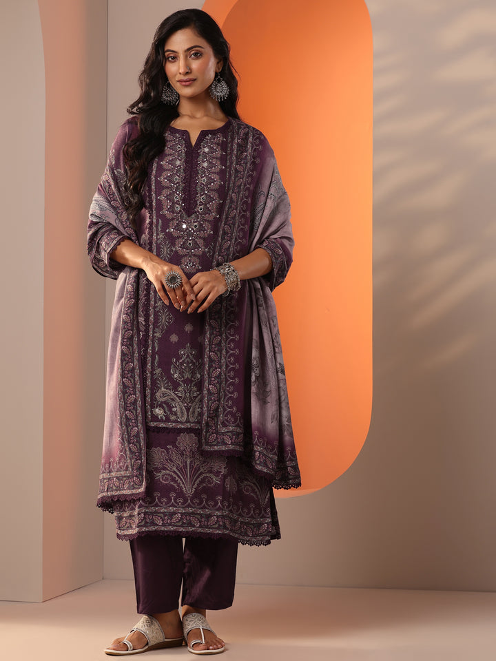 Burgundy Printed Muslin Straight Suit Set With Dupatta