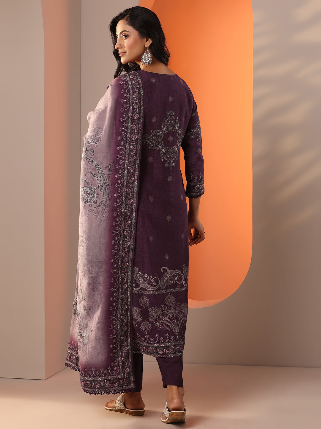 Burgundy Printed Muslin Straight Suit Set With Dupatta