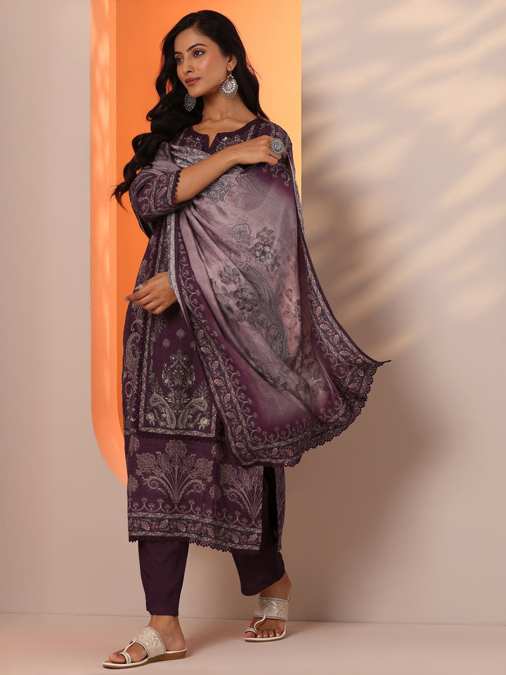 Burgundy Printed Muslin Straight Suit Set With Dupatta
