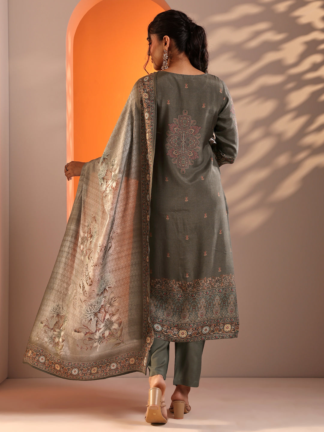 Grey Printed Muslin Straight Suit Set With Dupatta