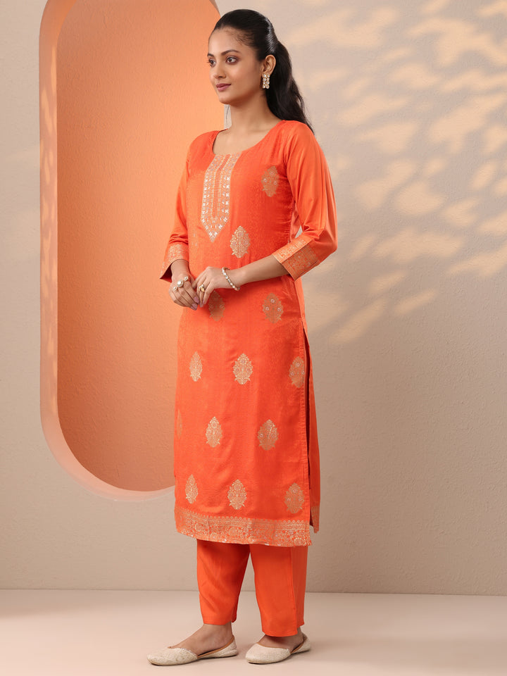 Orange Woven Design Silk Blend Straight Suit Set With Dupatta