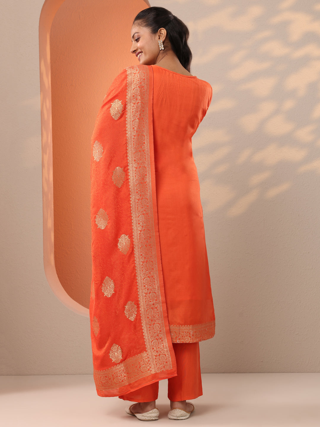 Orange Woven Design Silk Blend Straight Suit Set With Dupatta