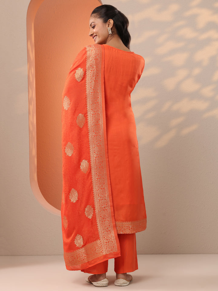 Orange Woven Design Silk Blend Straight Suit Set With Dupatta