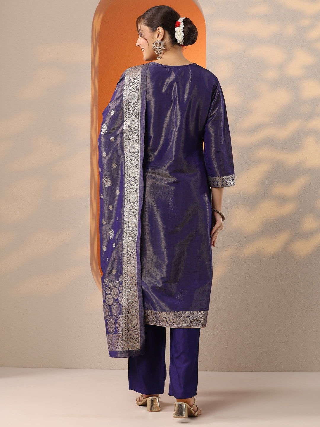 Purple Woven Design Silk Blend Straight Suit Set With Dupatta