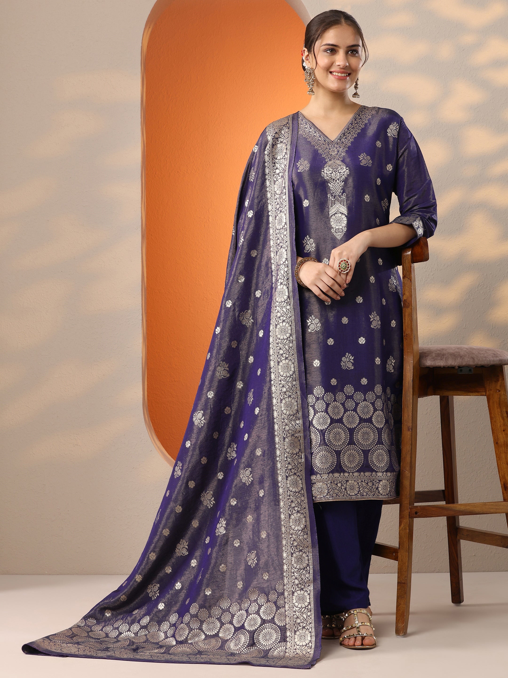 Brown Printed Silk Blend Straight Suit Set main image 0