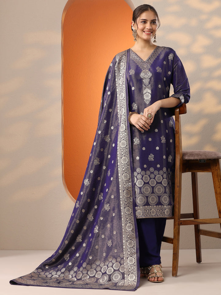 Purple Woven Design Silk Blend Straight Suit Set With Dupatta