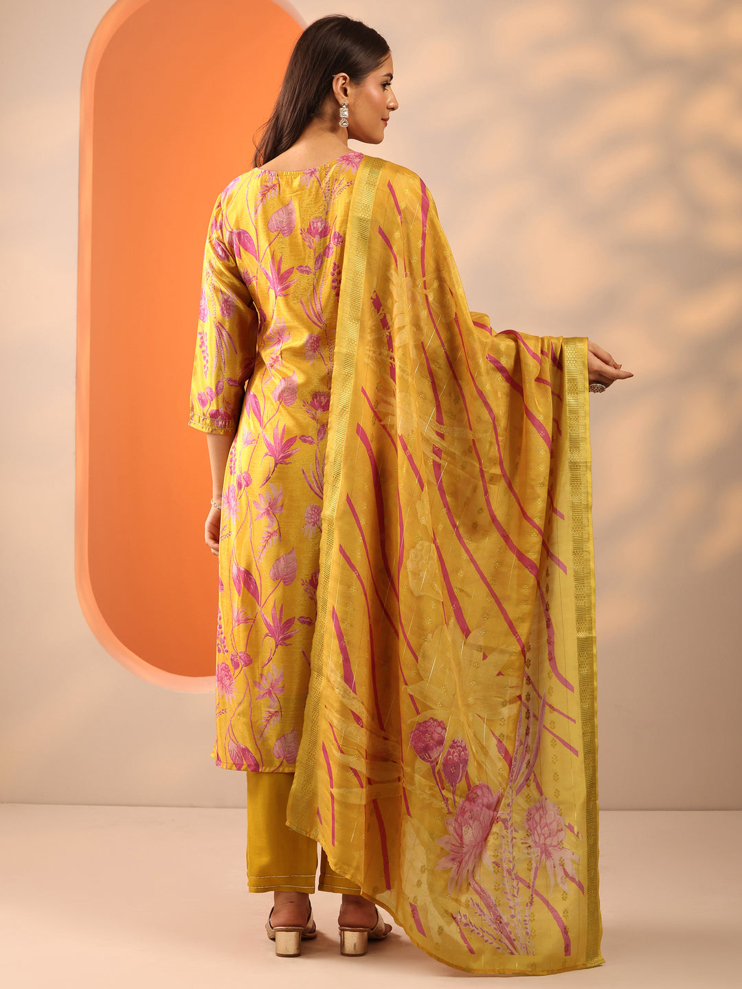 Mustard Printed Chinon Straight Suit Set With Dupatta