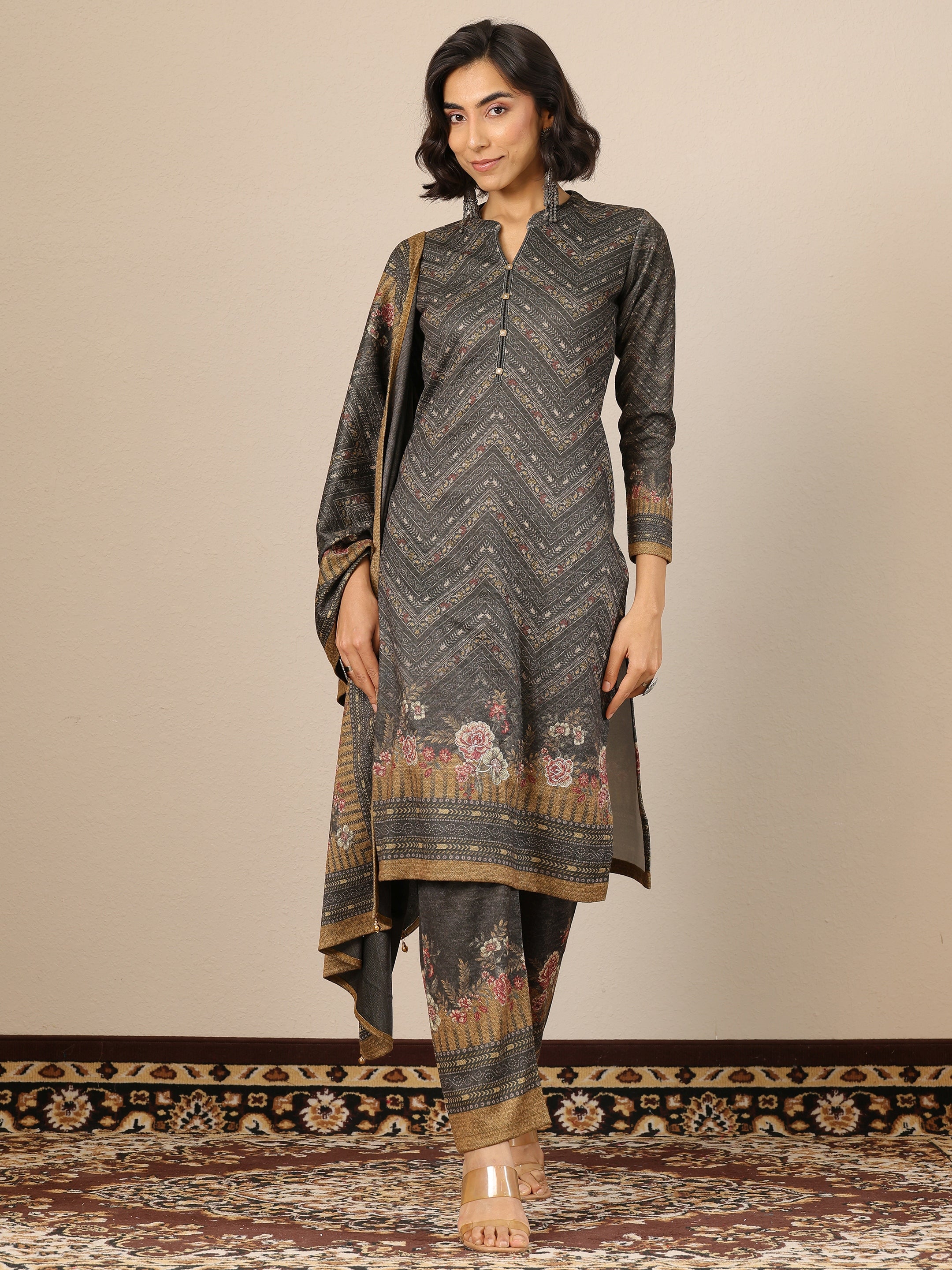 Red Embroidered Wool Straight Suit Set With Dupatta