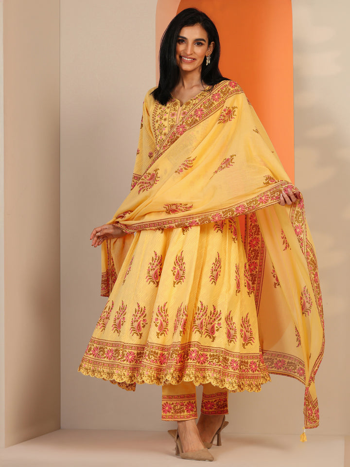 Yellow Printed Cotton Anarkali Suit Set With Dupatta