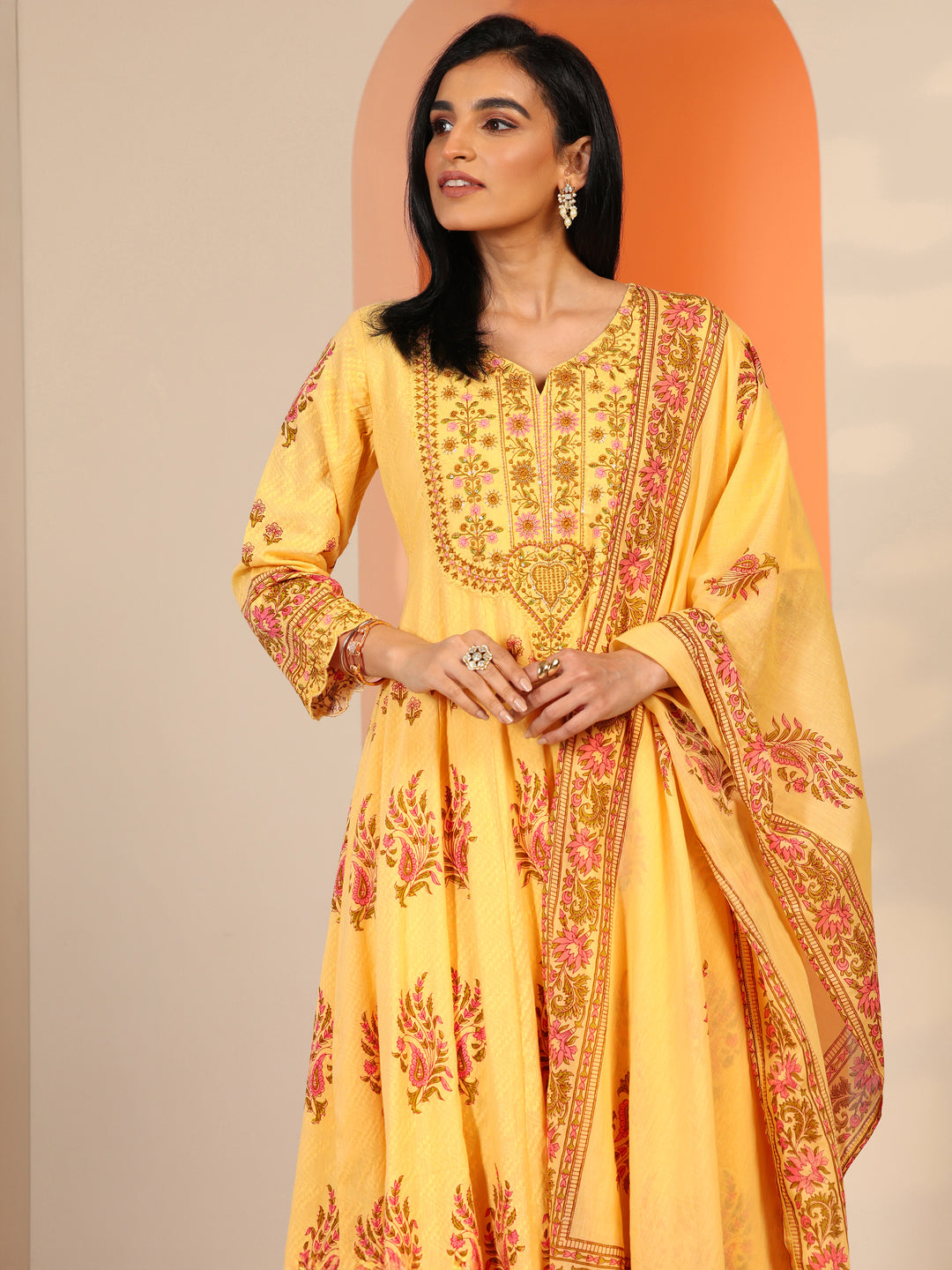 Yellow Printed Cotton Anarkali Suit Set With Dupatta