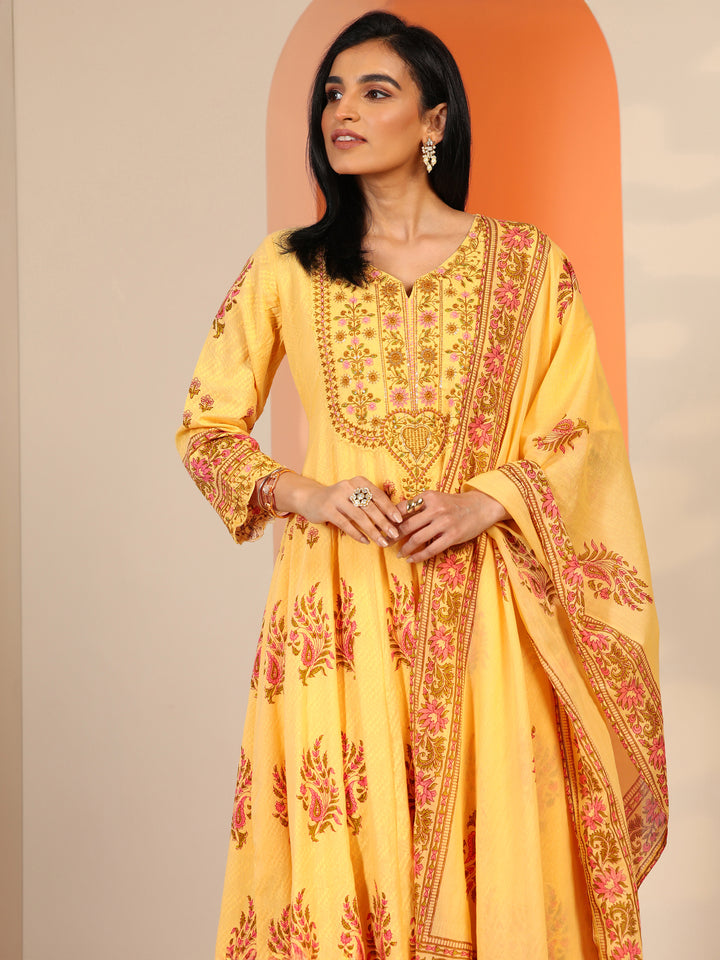 Yellow Printed Cotton Anarkali Suit Set With Dupatta