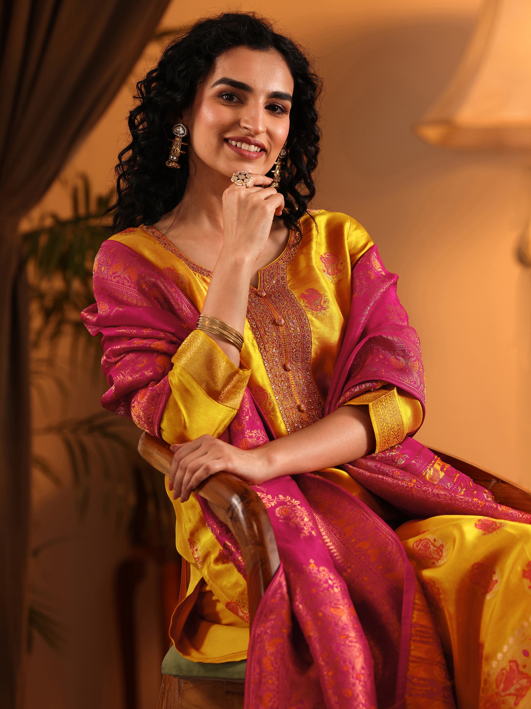 Fuchsia Woven Design Silk Blend Straight Suit With Dupatta