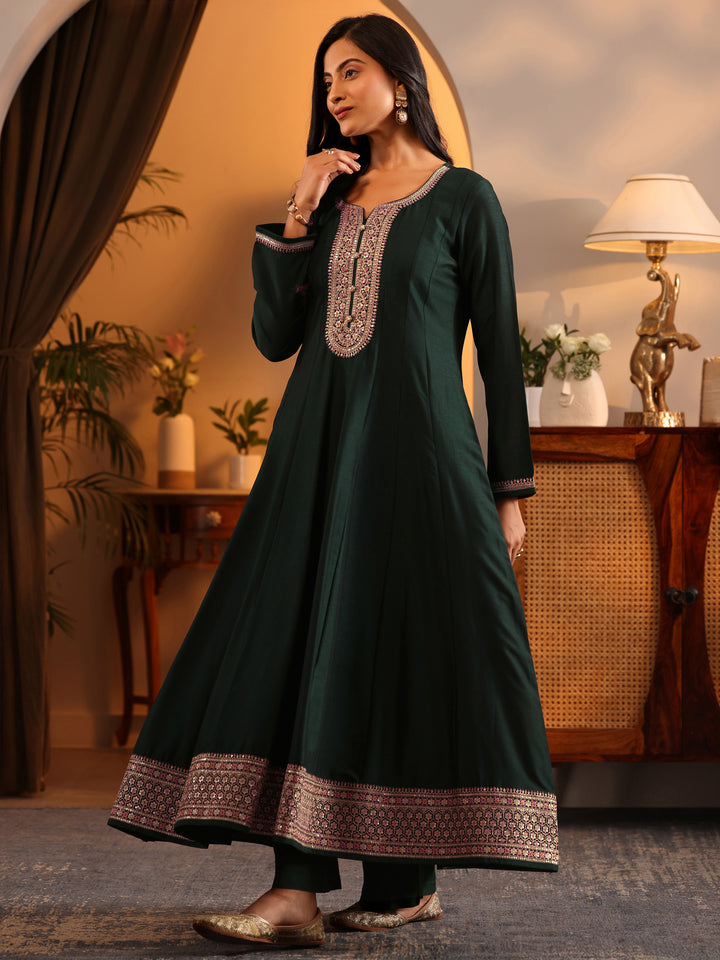 Libas Art Green Woven Design Silk Blend Anarkali Suit Set With Dupatta