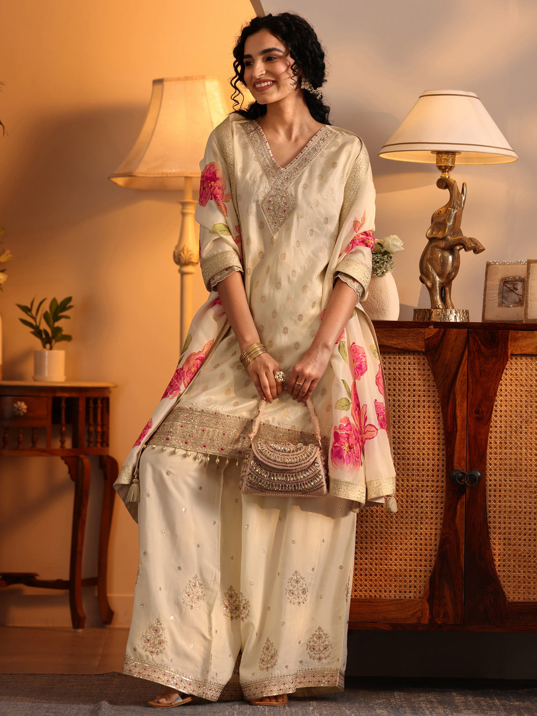 Libas Art Cream Woven Design Silk Blend Straight Suit Set With Dupatta