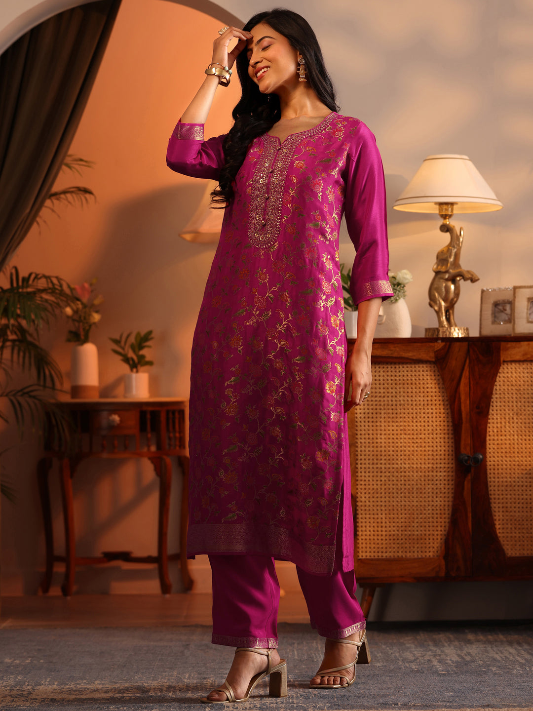 Libas Art Pink Woven Design Silk Blend Straight Suit Set With Dupatta