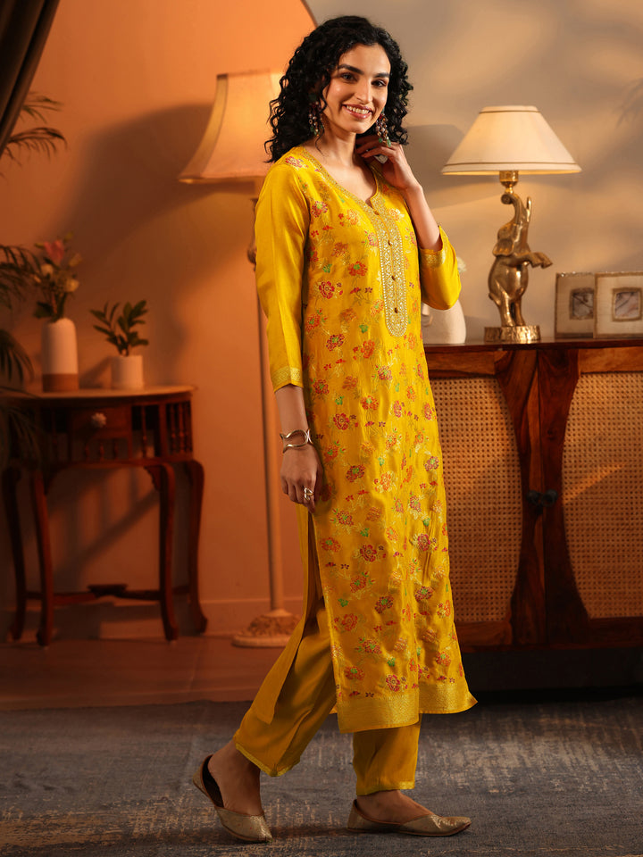 Libas Art Mustard Woven Design Silk Blend Straight Suit Set With Dupatta