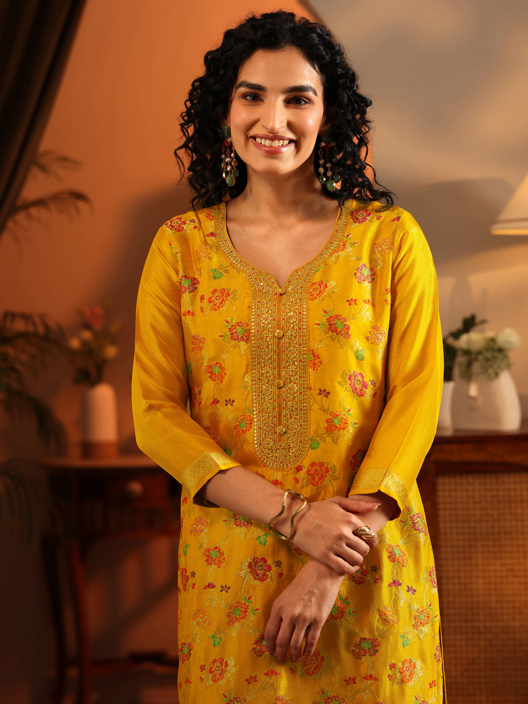 Libas Art Mustard Woven Design Silk Blend Straight Suit Set With Dupatta