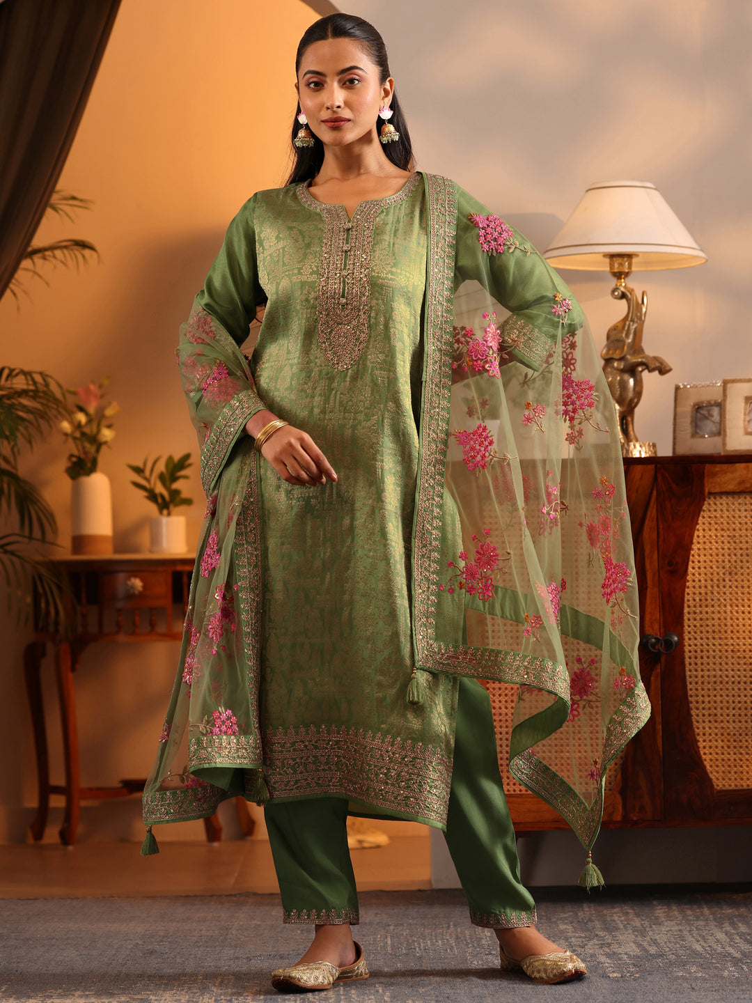 Libas Art Green Woven Design Silk Blend Straight Suit Set With Dupatta