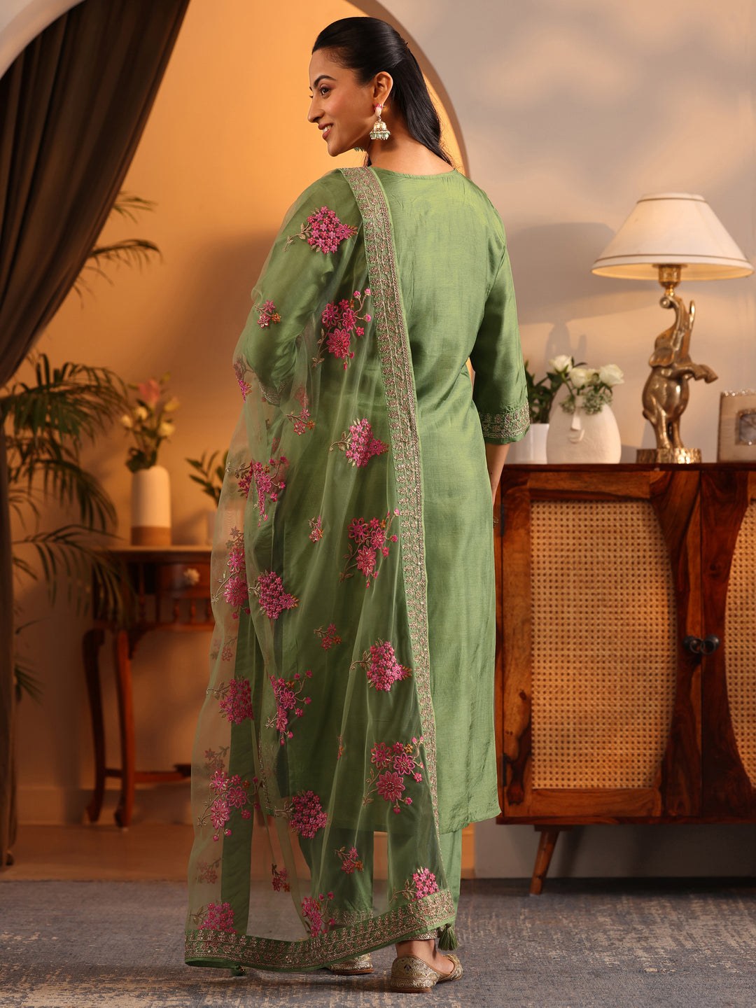 Libas Art Green Woven Design Silk Blend Straight Suit Set With Dupatta