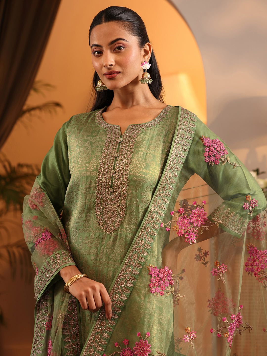 Libas Art Green Woven Design Silk Blend Straight Suit Set With Dupatta