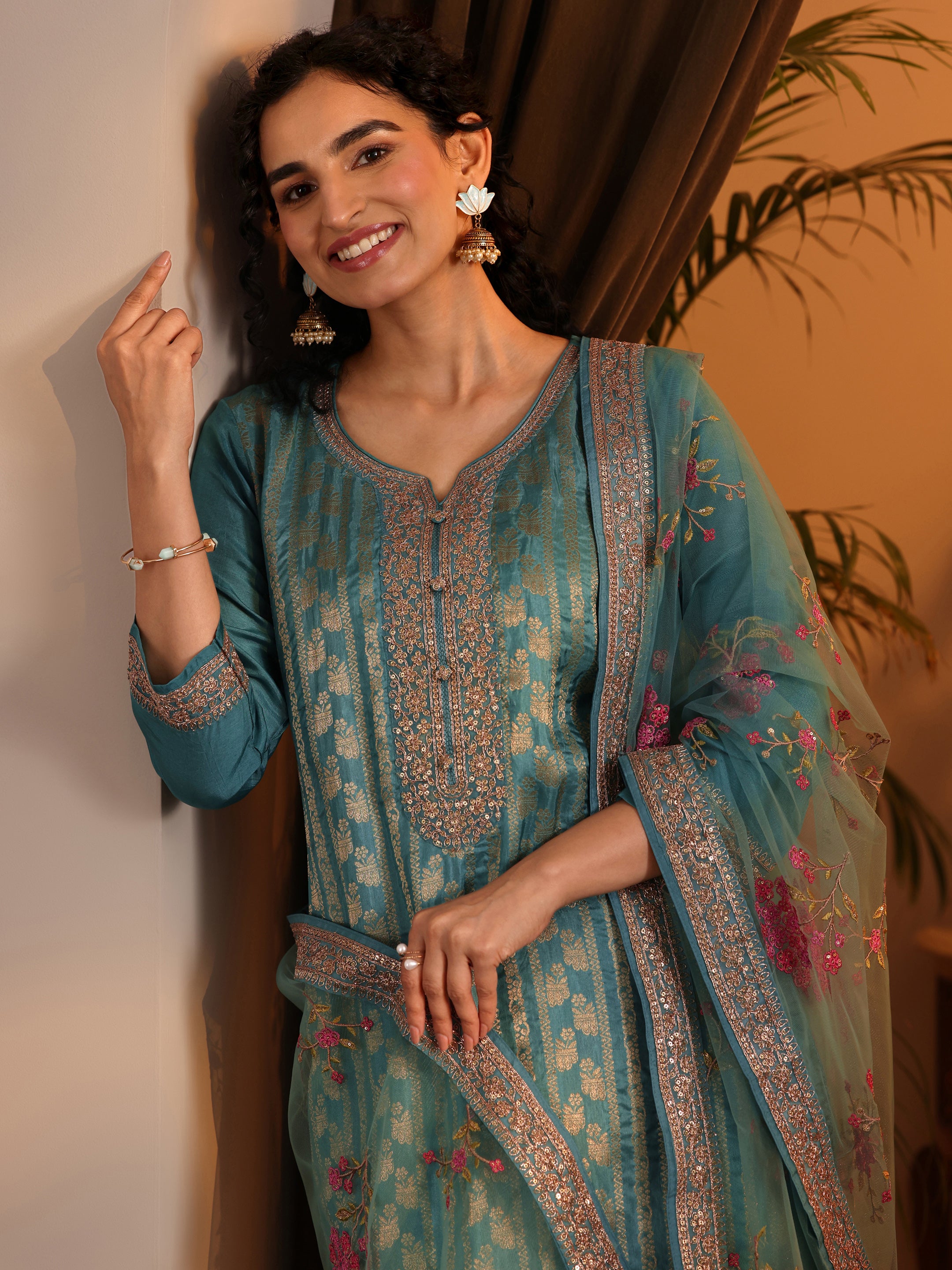 Wine Woven Design Silk Blend Straight Suit With Dupatta