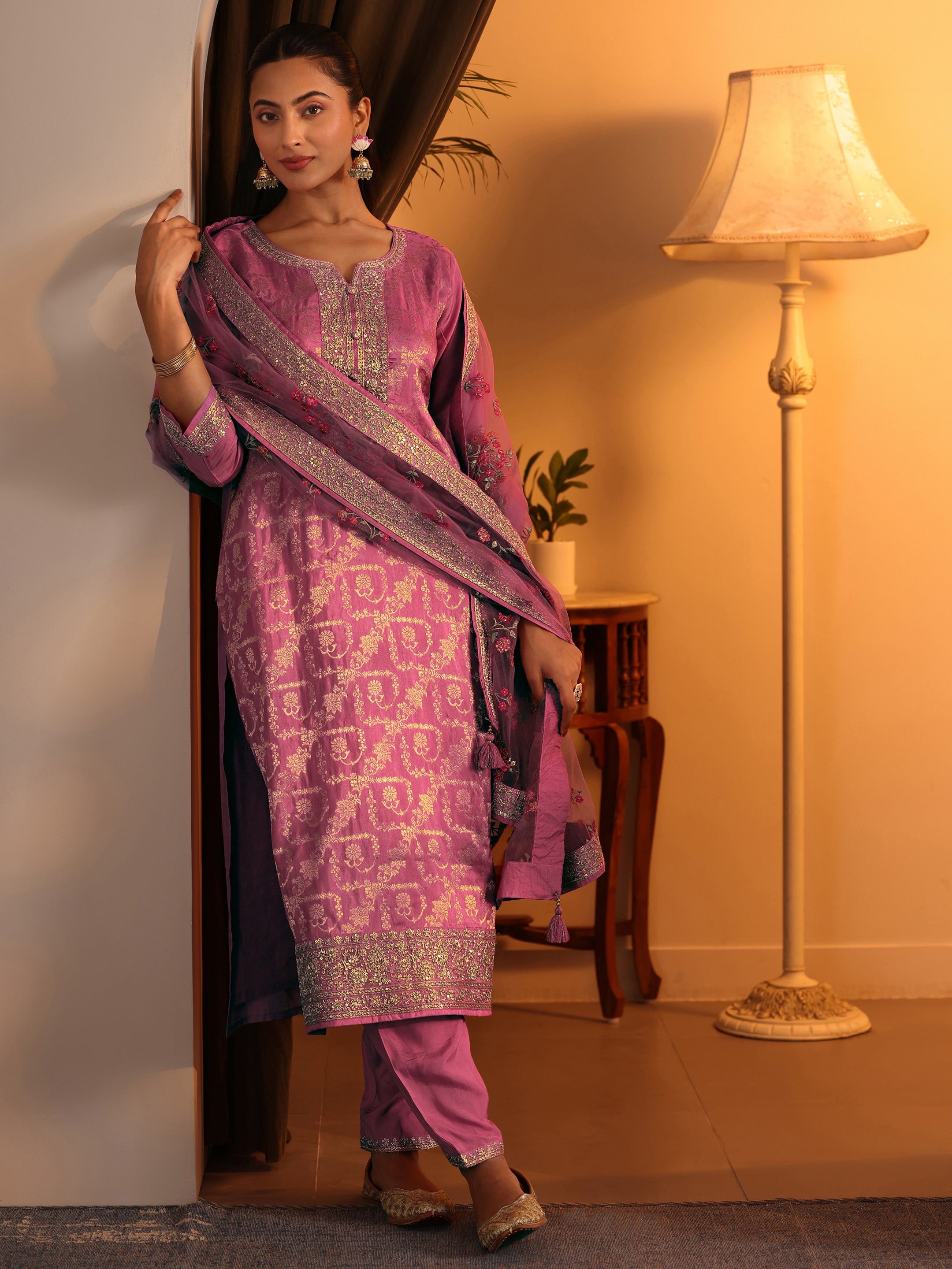 Pink Printed Chinon Straight Suit Set With Dupatta main image 0