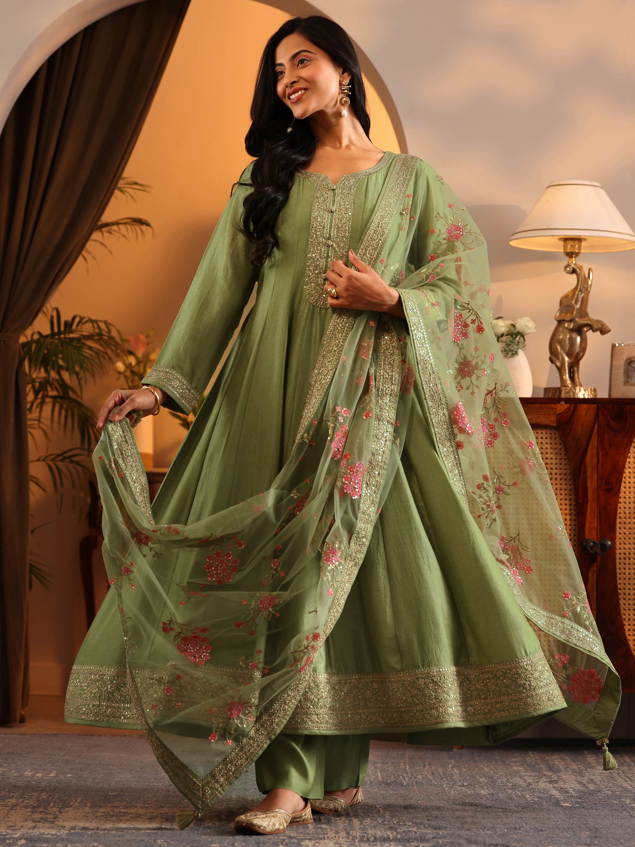 Libas Art Purple Embroidered Crepe Anarkali Suit Set With Dupatta