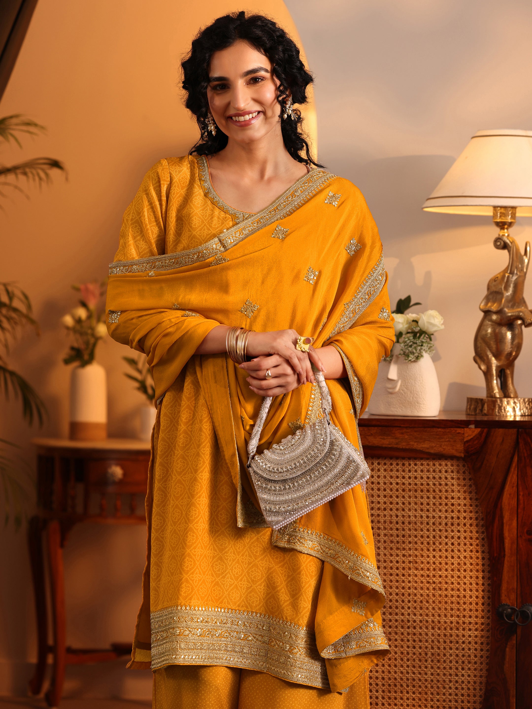 Mustard Embroidered Sequence Work Chinon Straight Kurta Pant with Silk Blend Ombre Dupatta