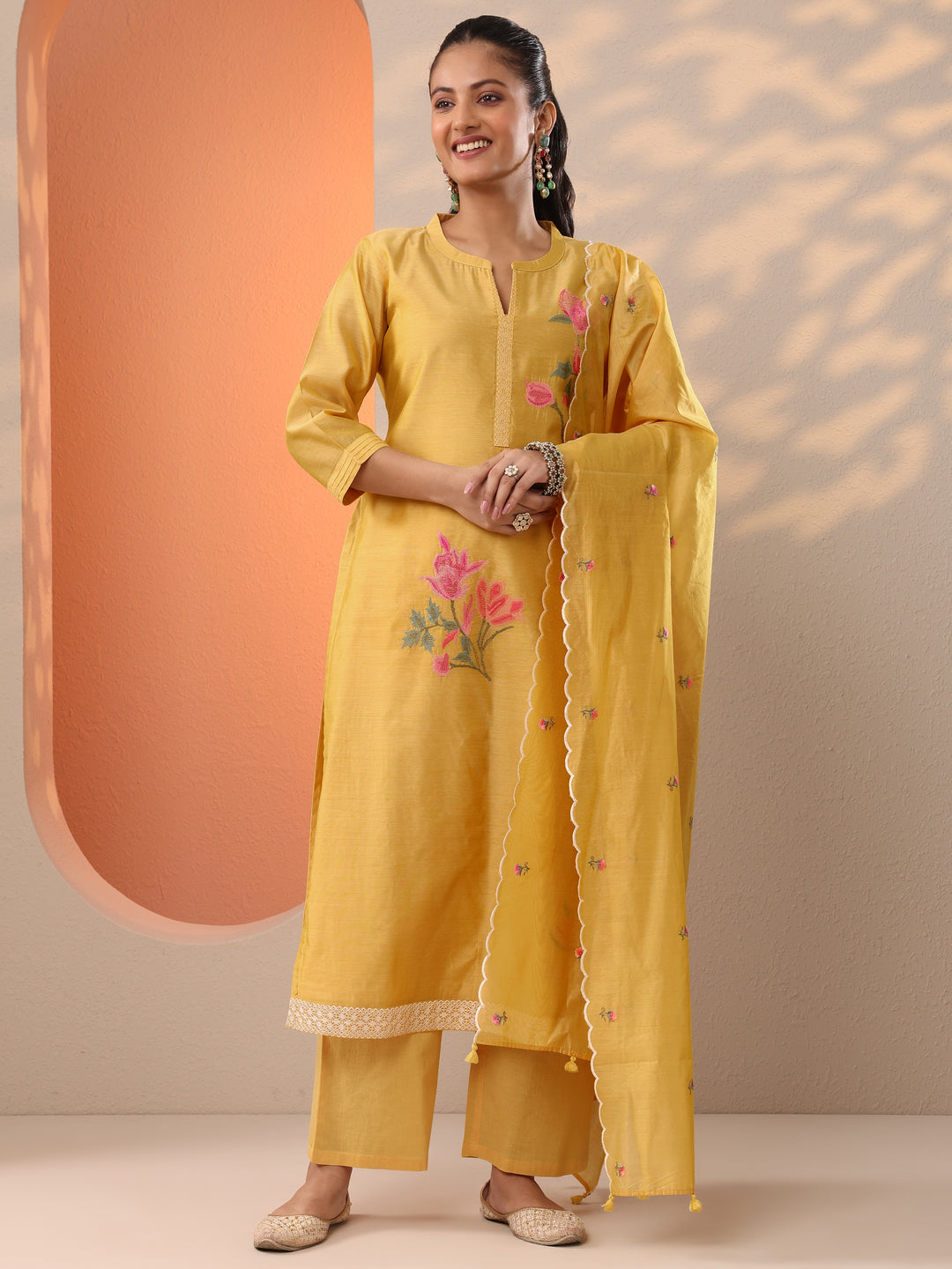 Yellow Embroidered Silk Blend Straight Suit Set With Dupatta